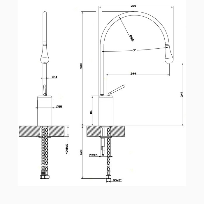 Gessi Смеситель для раковины на 1 отверстие, высокий, излив 244мм R=125, Goccia, 33605#031 цвет: хром