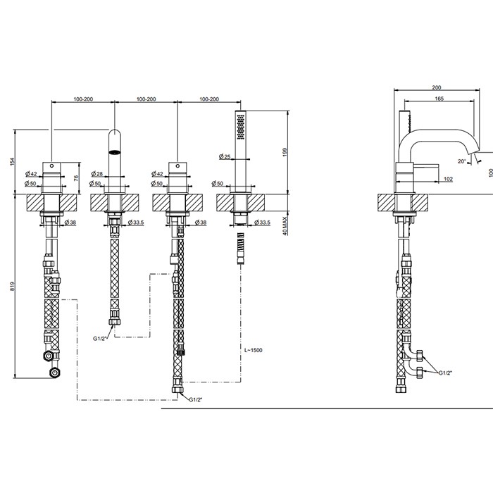 Gessi Смеситель для ванны на 4 отв., с переключателем, изливом и шлангом 1,50 м, 316, 54037#707 цвет: brushed black metal pvd