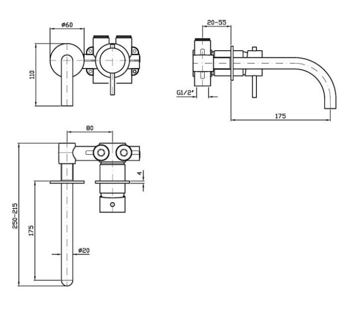 Zucchetti смеситель для раковины, встраиваемый, изилв: 23см, внешняя часть, helm, матовая нержавеющая сталь арт. zhe720.x