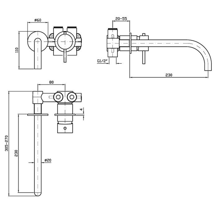 Zucchetti смеситель для раковины, встраиваемый, изилв: 23см, внешняя часть, helm, матовая нержавеющая сталь арт. zhe720.x