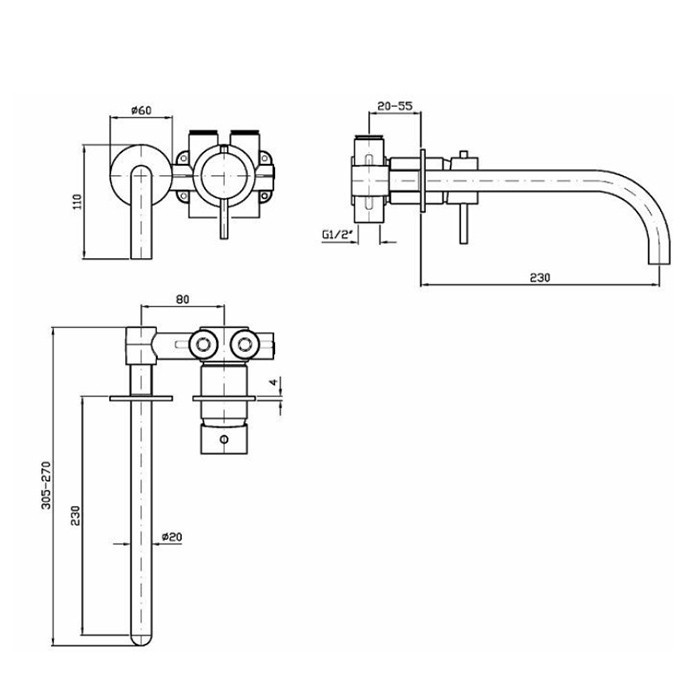 Zucchetti смеситель для раковины, встраиваемый, изилв: 23см, внешняя часть, helm, матовая нержавеющая сталь арт. zhe720.x