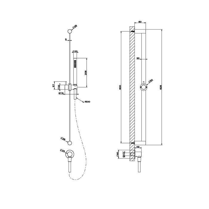 Gessi Штанга в комплекте с душевой лейкой с легкой очисткой, шланг 1,50 м, вывод воды из стены, Shower316, 54045#239 цвет: шлифованная сталь