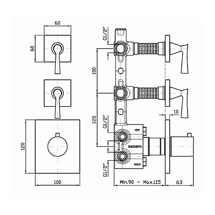 Zucchetti смеситель для душа, встраиваемый, термостатический, с 2 запорными клапанами, ручка: рычаг, bellagio, золото арт. zb2660.c40