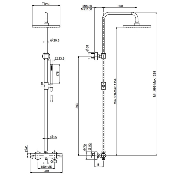 Fima Carlo Frattini душевая стойка, верхний душ 25х25см., с термостатическим смесителем, держателем и ручным душем colonne doccia, хром арт. f4885/qp255cr