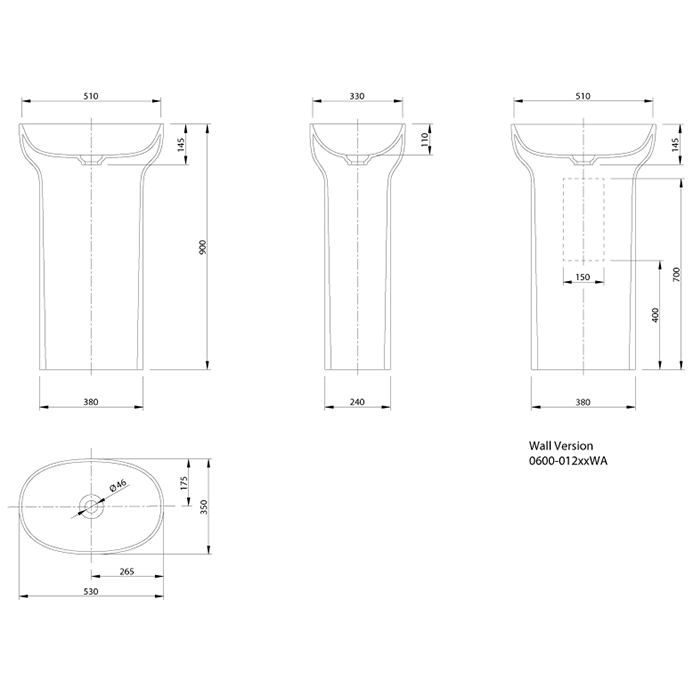 Knief раковина 53х35х90 см, без отв., отдельностоящая, с выходом в пол, Prime, 0600-012-01 цвет: белый