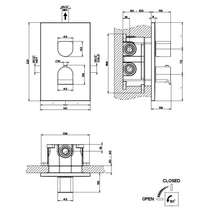 Gessi Встраиваемый смеситель для душа, термостатический, на 1 источник, Rilievo, 59132#031 цвет: хром
