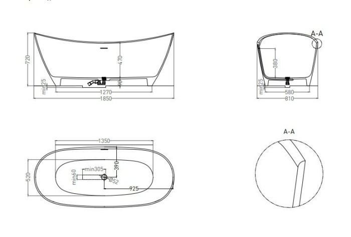 Salini ванна отдельностоящая 185x81, noemi, 101811sm цвет: матовый белый