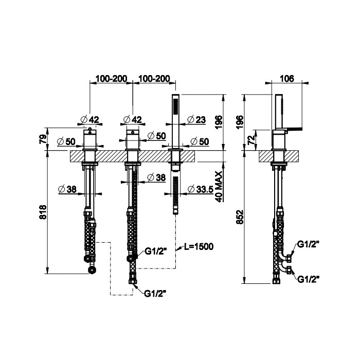 Gessi Смеситель для ванны на 3 отверстия наполнение через слив-перелив, лейка, Ingranaggio, 63547#031 цвет: хром