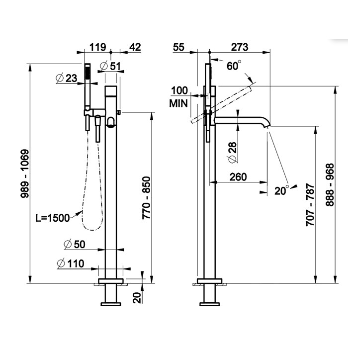 Gessi Смеситель для ванны, напольный, с ручным душем, Habito Unito, 70028#706 цвет: black metal pvd