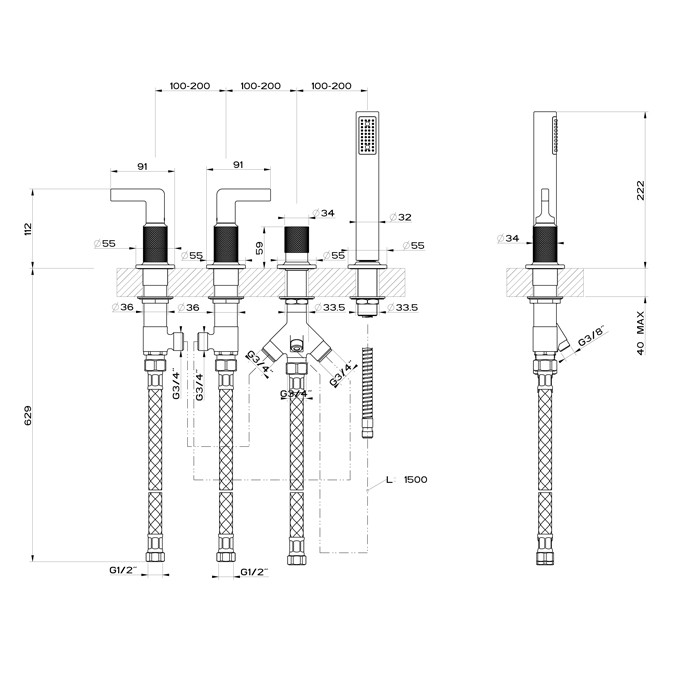 Gessi Смеситель для ванны на 4 отверстия для наполнения через слив-перелив, подключение на 1/2", переключатель, шланг 1,50 м, убирающа, Inciso, 58043#299 цвет: black xl