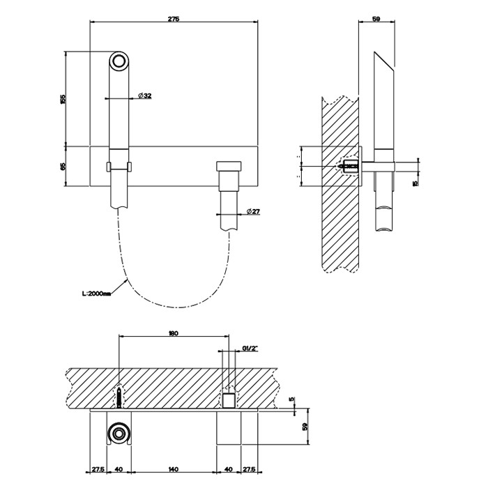 Gessi Душ Water Tube Kneipp с деревянной лейкой, черный. Версия с удаленным управлением, держателем для лейки и выводом воды, Water Tube Kneip, 32961#031 цвет: хром