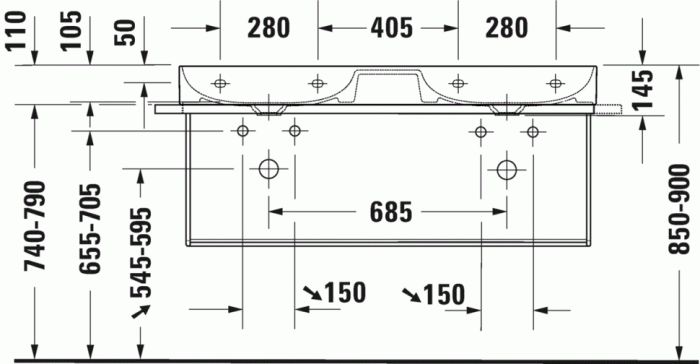 Duravit раковина подвесная двойная без отверстий под смеситель, без перелива, durasquare, 2353120079 цвет: белый