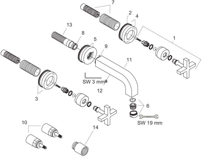 AXOR смеситель для раковины, на 3 отверстия, скрытого монтажа, с изливом 222 мм, с крестообразными рукоятками, с отдельными розетками, Citterio, шлифованное красное золото арт. 39143310