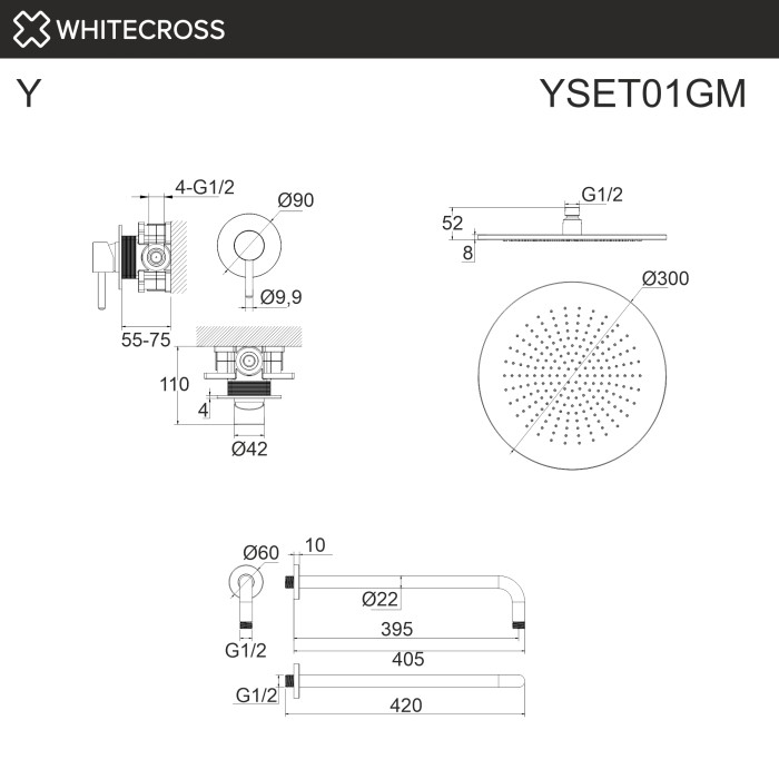 Душевая система скрытого монтажа, Whitecross Y gunmetal, оружейная сталь арт. YSET01GM
