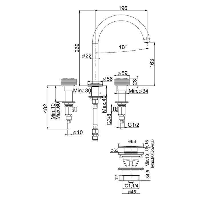 Fima Carlo Frattini смеситель для раковины, на 3 отверстия, донный клапан click-clack, texture collection, золото арт. f5611xor
