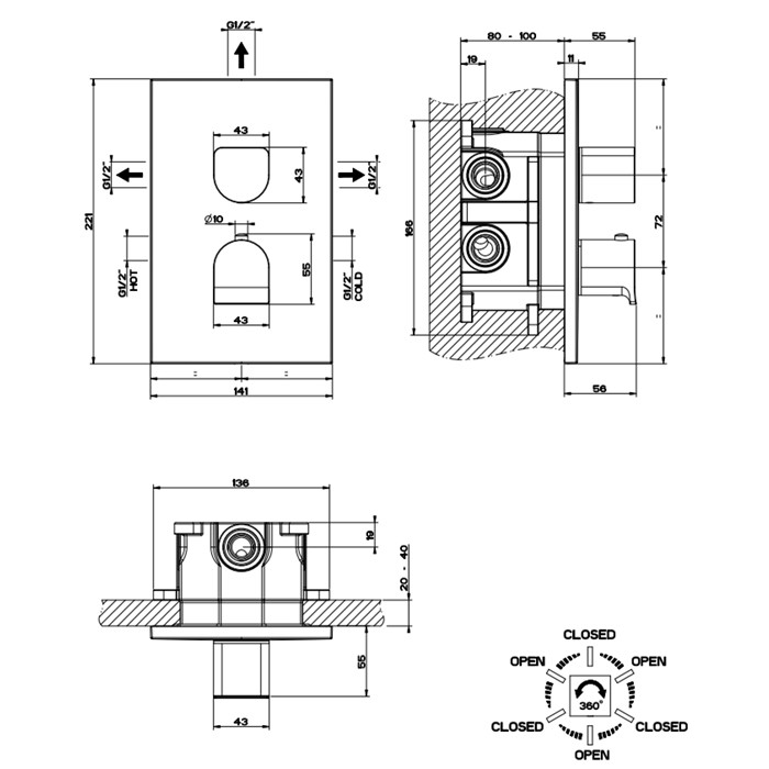 Gessi Встраиваемый смеситель для душа, термостатический, на 3 источника, Rilievo, 59136#031 цвет: хром