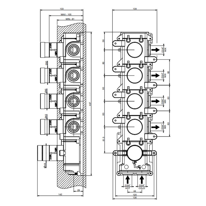 Gessi Встраиваемая часть термостатического смесителя (до 4-х источников), 09268#031 цвет: