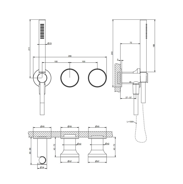 Gessi Смеситель для ванны встраиваемый на 2 выхода, с ручной лейкой, Origini, 66036#031 цвет: хром