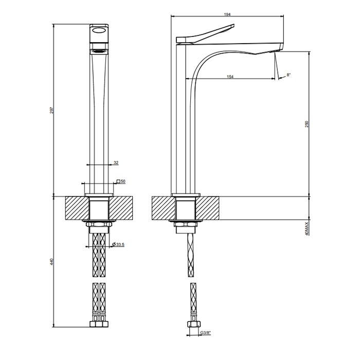 Gessi Смеситель для раковины на 1 отв. без донного клапана h=297мм, излив 154мм, Rilievo, 59004#299 цвет: nero xl
