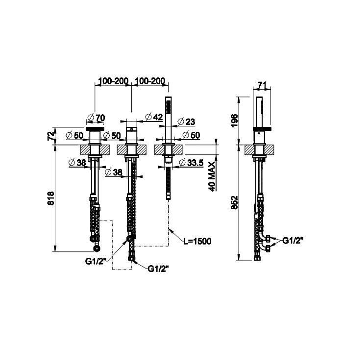 Gessi Смеситель для ванны на 3 отверстия, девиатор, шланг, лейка. Наполнение через слив-перелив, Anello, 63347#031 цвет: хром