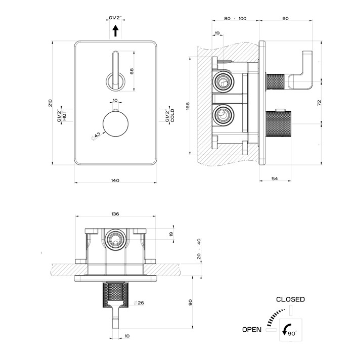 Gessi Встраиваемый термостатический смеситель на 1 источника, резьба 1/2", Inciso, 58132#149 цвет: finox