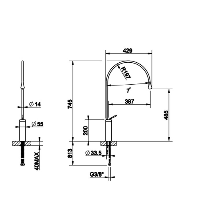 Gessi Смеситель для раковины на 1 отверстие, излив 387мм R=197, с фиксированным носиком, Goccia, 33811#031 цвет: хром