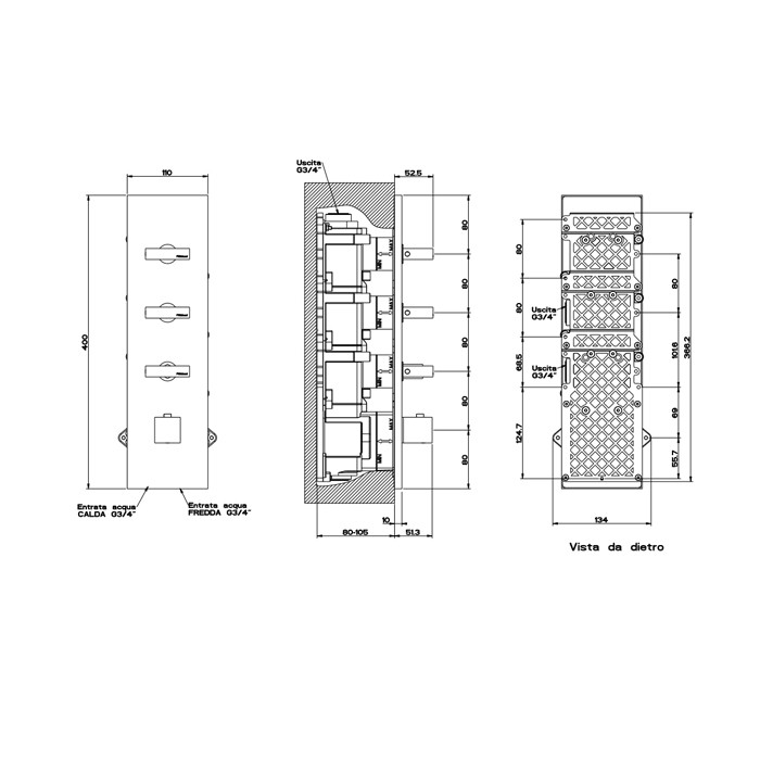 Gessi Смеситель для душа, встраиваемый, термостатический, подключение на 3/4”, с 3мя независимыми выходами, Rettangolo, 43026#299 цвет: black xl