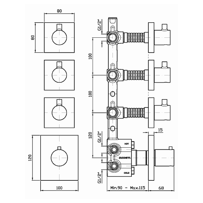 Zucchetti встроенный термостатический смеситель, 1/2”, с 3 запорными клапанами, pan, хром арт. zp8661 r97822