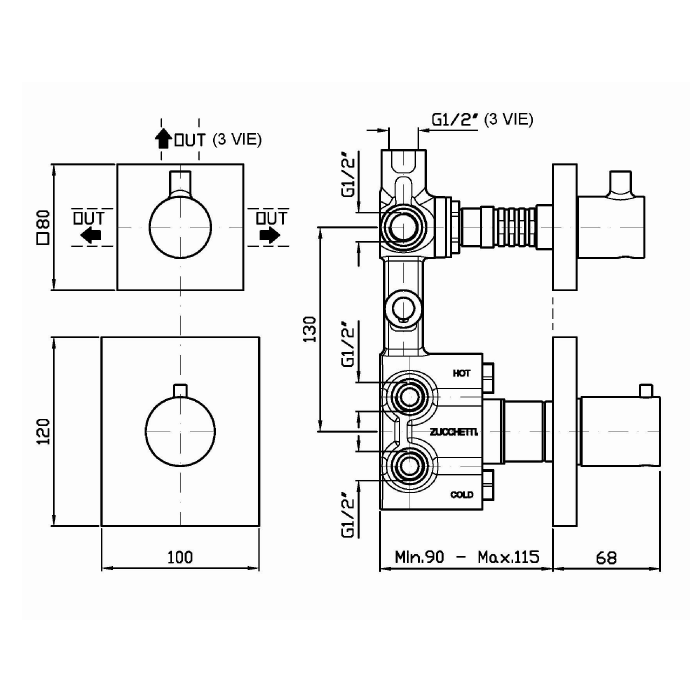 Zucchetti встроенный термостатический смеситель для душа, двух канальный, pan, хром арт. zp8646 r97815