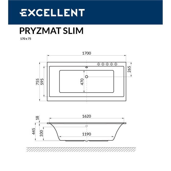 Встраиваемая ванна slim 170x75 ultra, Excellent Pryzmat, золото арт. WAEX.PRY17S.ULTRA.GL