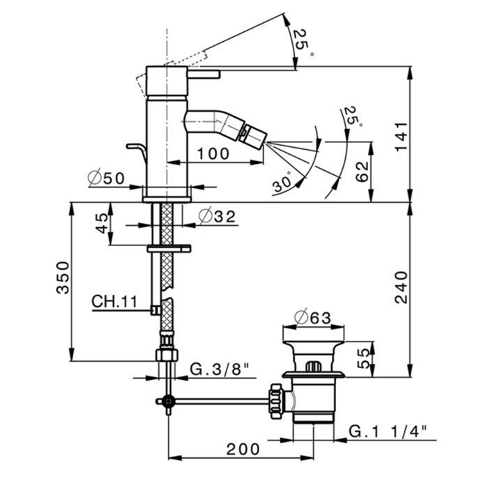 Cisal смеситель однорычажный для биде на 1 отверстие с донным клапаном ln00055021 less new, цвет: хром