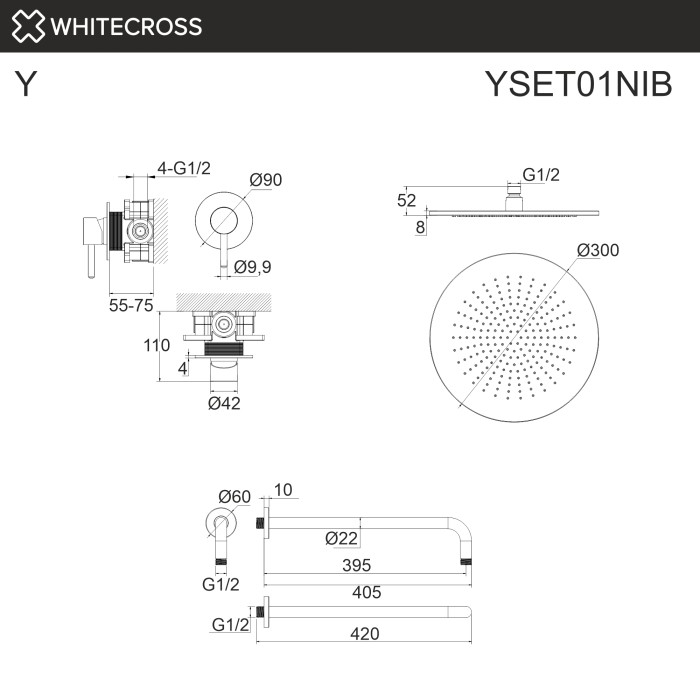 Душевая система скрытого монтажа, Whitecross Y brushed nickel, брашированный никель арт. YSET01NIB