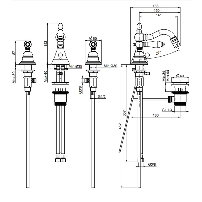 Fima Carlo Frattini cмеситель для биде, на 3 отв., с донным клапанном, herend, золото арт. f5402cbor