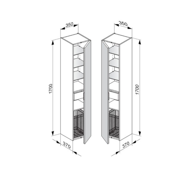 Keuco шкаф - пенал высокий подвесной петли справа, 3 стеклянные полки, с бельевой корзиной, edition 11, дуб светлый арт. 31331 890002