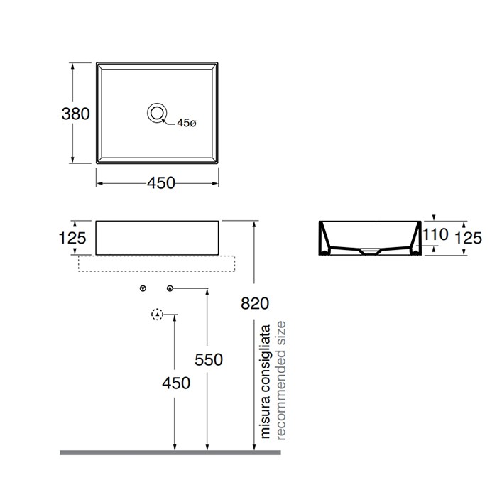 Azzurra раковина подвесная/накладная 45х38х15см., без отв., Azzurra, ELLA045380Q0CE/(EQA4538*CE)*0 цвет: cenere