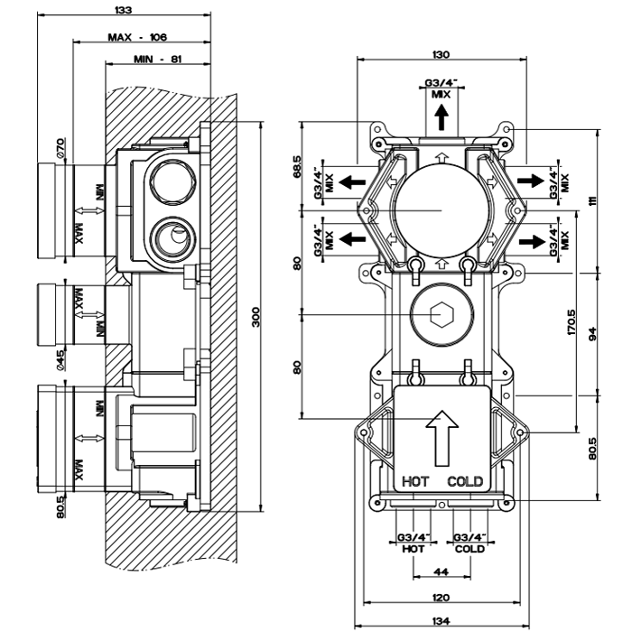 Gessi Внутренняя часть встраиваемого термостатического смесителя с 5ю выходами и селектором, 43111#031 цвет: хром