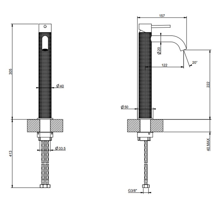 Gessi Смеситель для раковины, на 1 отв., высокий, h: 305мм, излив: 123мм, 316, 54409#707 цвет: brushed black metal pvd