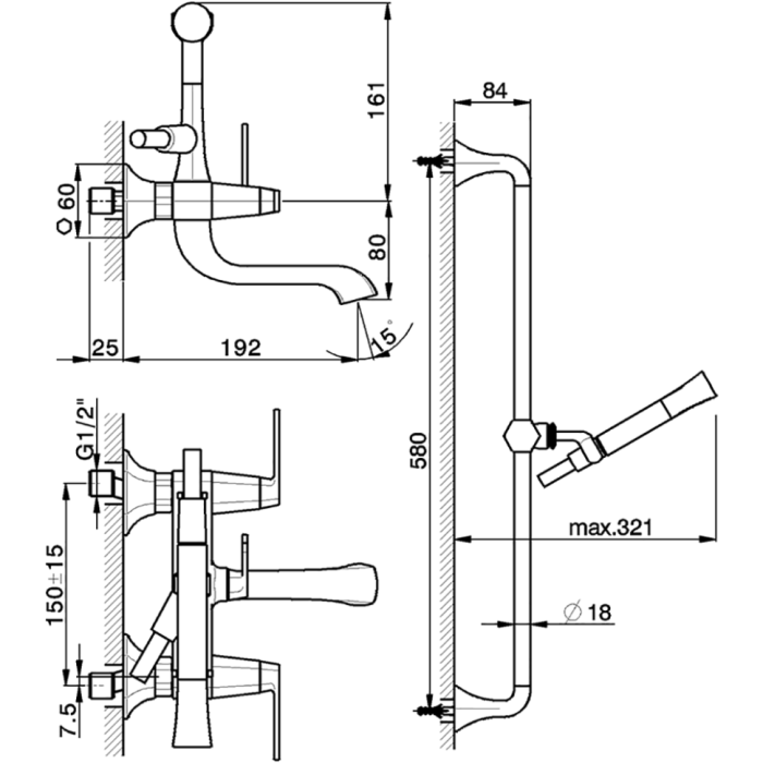 Cisal смеситель для ванны двухрычажный, с душевым комплектом cf0001206t cherie, цвет: хром