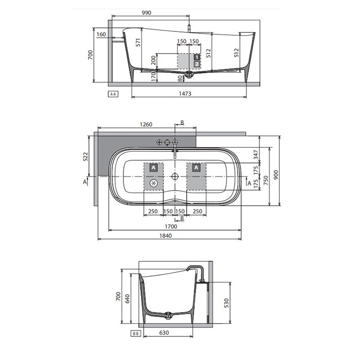 Novellini ванна 184х90х70cм, sx, в комплекте со смесителем хром, с донным клапаном click-clack, novotech, infinitive, inf1170752as-uu цвет: белый матовый