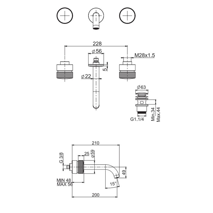 Fima Carlo Frattini смеситель для раковины на 3 отверстия, настенный монтаж, излив 200мм, texture collection, хром арт. f5601l/5hcr