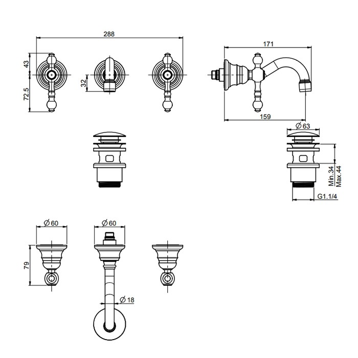 Fima Carlo Frattini смеситель для раковины, встраиваемый, излив: 15.9см., epoque, золото арт. f5051/5or