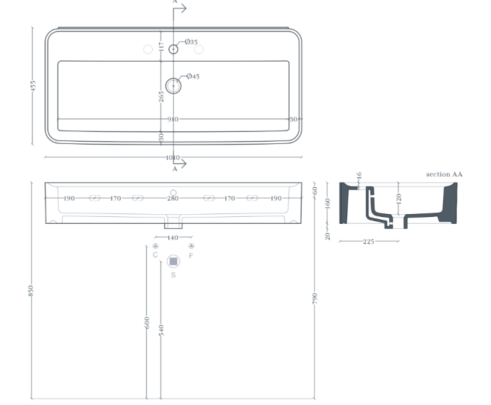 Раковина подвесная/накладная 100x45, ArtCERAM Rodolfo, белый арт. ROL005 01 34