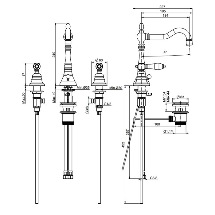 Fima Carlo Frattini смеситель для раковины, на 3 отв., с донным клапаном, herend, золото арт. f5401cbor