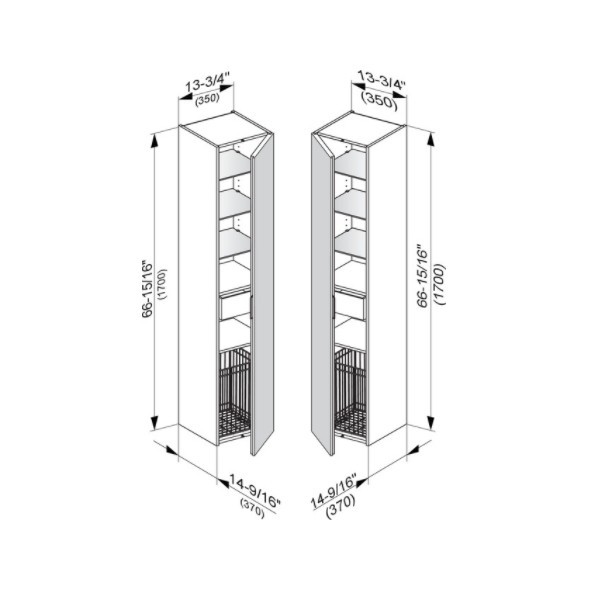 Keuco шкаф - пенал высокий подвесной петли справа, 3 стеклянные полки, с бельевой корзиной, edition 11, табачный дуб арт. 31331 850002