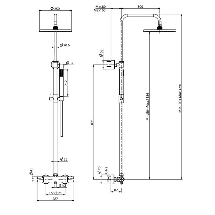 Fima Carlo Frattini душевая стойка: смеситель для душа термостатический, внешнего монтажа, с душ стойкой, верхним душем d250мм wellness, хром арт. f4885/rp253cr