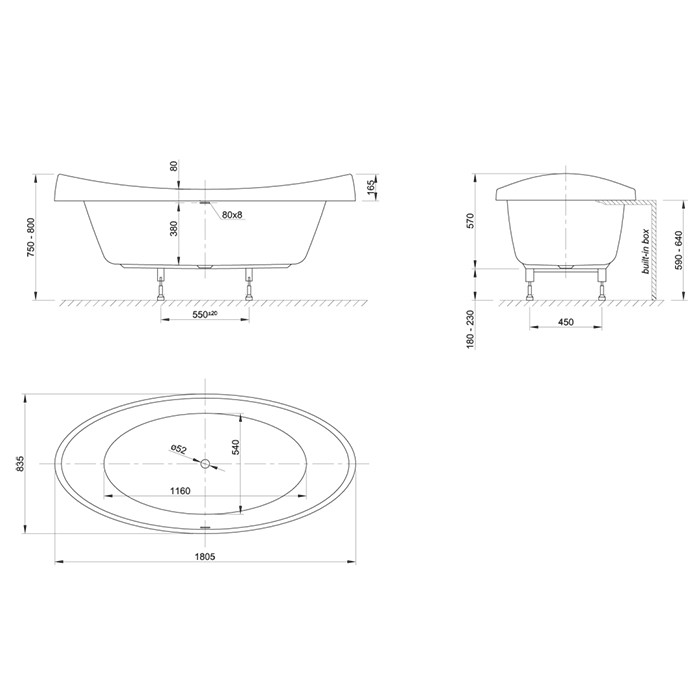 Knief ванна 180x83x74см., с ножками и сливом-переливом, Venice Fit, 0400-283 0100-091-06 цвет: белый