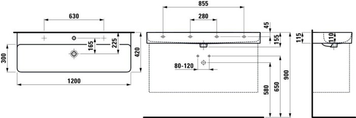 LAUFEN раковина 1200 x 408 x 155 без отверстия перелива, без отверстия для смесителя, VAL - 8.1028.9.000.112.1