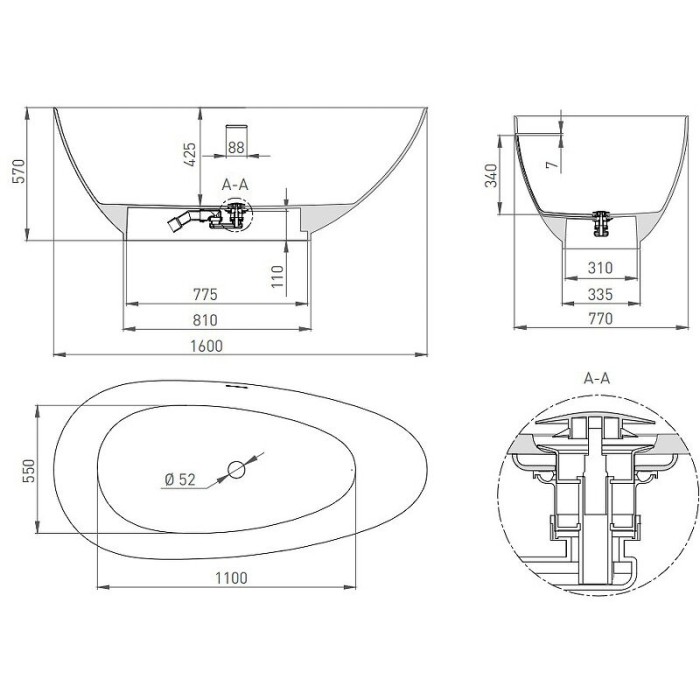 Salini ванна отдельностоящая 160x77, paola, 101511grh цвет: глянцевый белый