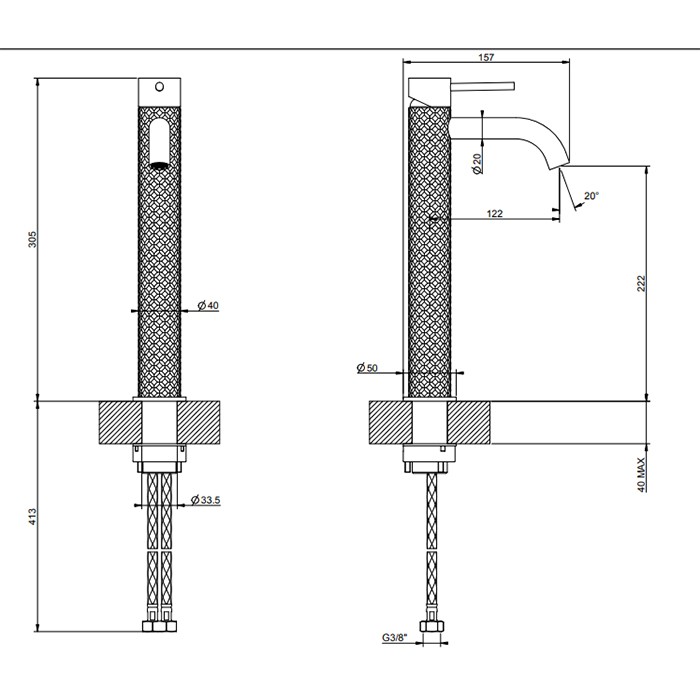 Gessi Смеситель для раковины, на 1 отв., высокий, h: 305мм, излив: 123мм, 316, 54109#707 цвет: brushed black metal pvd