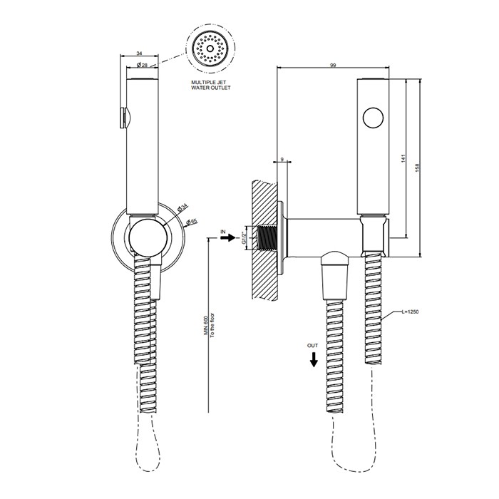 Gessi Гигиенический душ на 1/2", INCISO, 58153#707 цвет: шлифованный черный металлик
